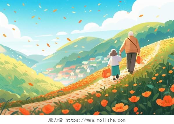 老人牵着女孩走在满山花朵的小路卡通AI插画乡村风景温馨亲子出游重阳节